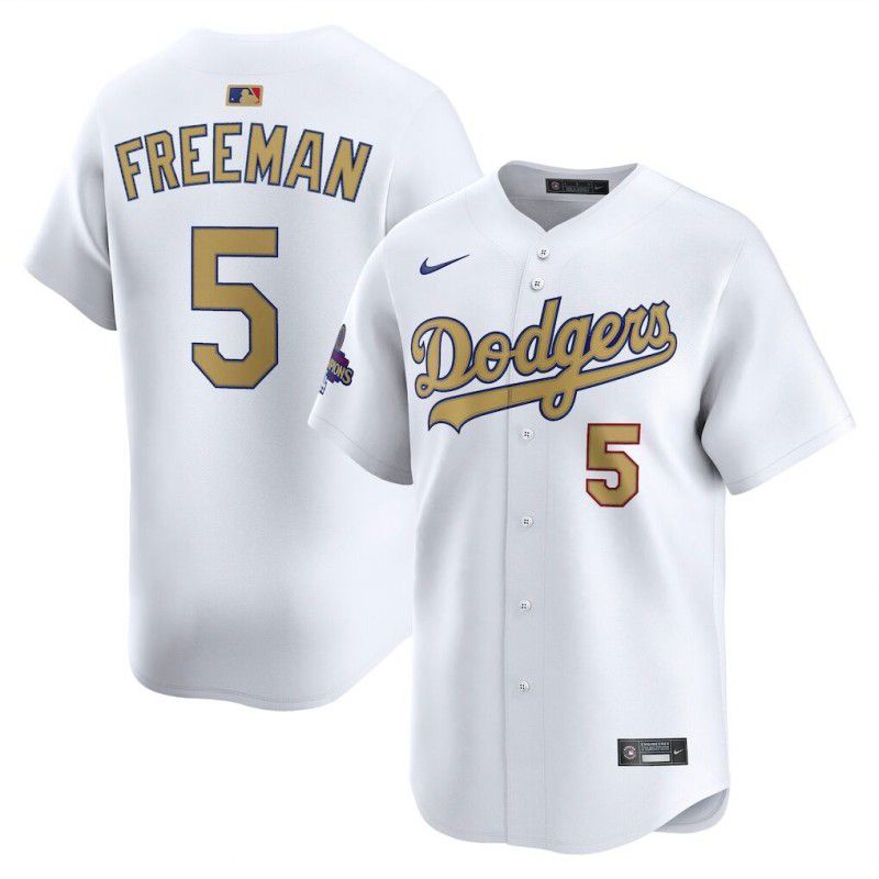 Men Los Angeles Dodgers #5 Freeman White Champion gold character 2025 Nike MLB Jersey style 1